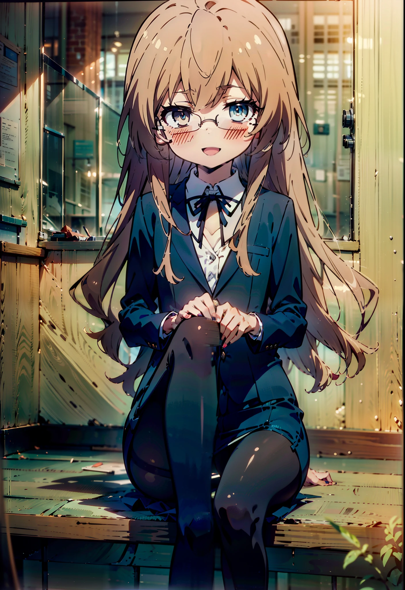  Aisaka Taiga,taiga aisaka,Long Hair, Brown Hair, Brown Eyes,(Flat Chest:1.2),happy smile, smile, Open your mouth,smile,blush,
OL, Akagi glasses, Black suit jacket, Collared jacket, White dress shirt, Collared shirt, Neckline, button, Black pencil skirt, Black Pantyhose,Stiletto heels,sit cross-legged on a chair,interior,There is a lot of food on the table,It&#39;s as if your whole body is in the illustration., 
break looking at viewer,
break indoors,Coffee shop, 
break (masterpiece:1.2), highest quality, High resolution, unity 8k wallpaper, (figure:0.8), (Detailed and beautiful eyes:1.6), Highly detailed face, Perfect lighting, Extremely detailed CG, (Perfect hands, Perfect Anatomy),