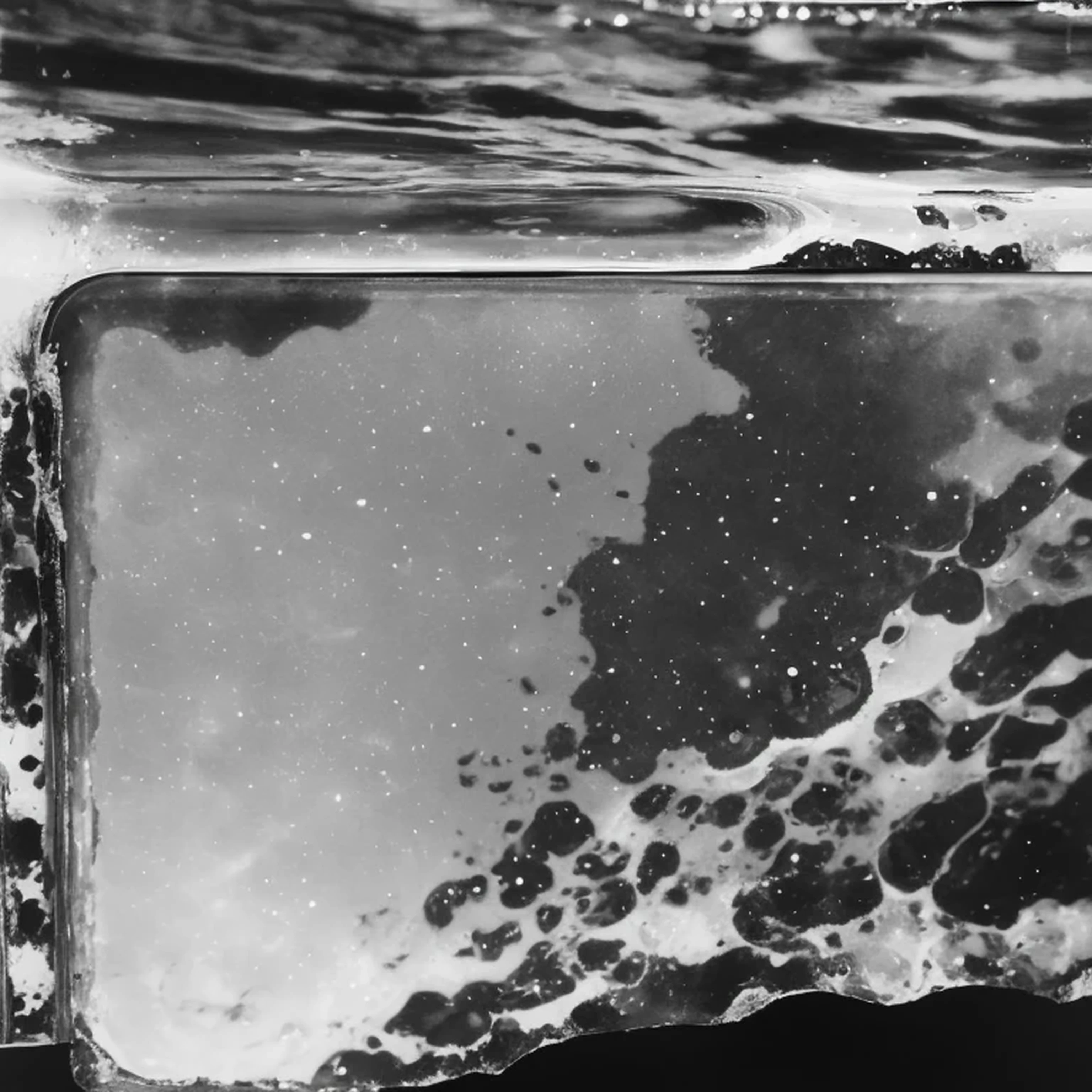 Close-up photograph taken under a microscope、jelly - like texture. photograph, Gelatin Silver Process, Water caustics, Grayscale particles 1 9 6 0, Abstract detail, Gelatin Silver Process photo, metal plate photograph, photographed on damaged film, Black and white film grain, The subtle details, ( ( Abstract ) ), The liquid shadow is swallowed