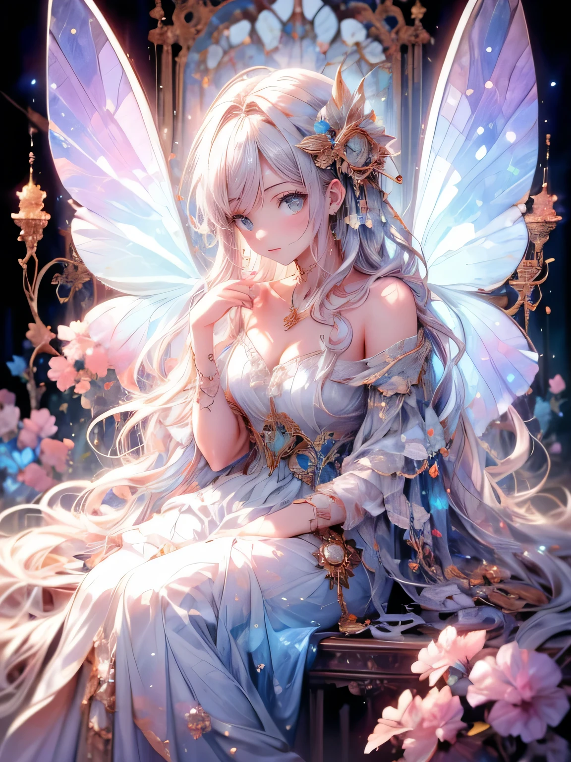 masterpiece, highest quality, 8k, highres, beautiful highest details, moon light, butterfly spirit, sheer dress, off shoulder, strapless, tears, rainbow butterfly wings, flying sky, butterfly tattoo, 