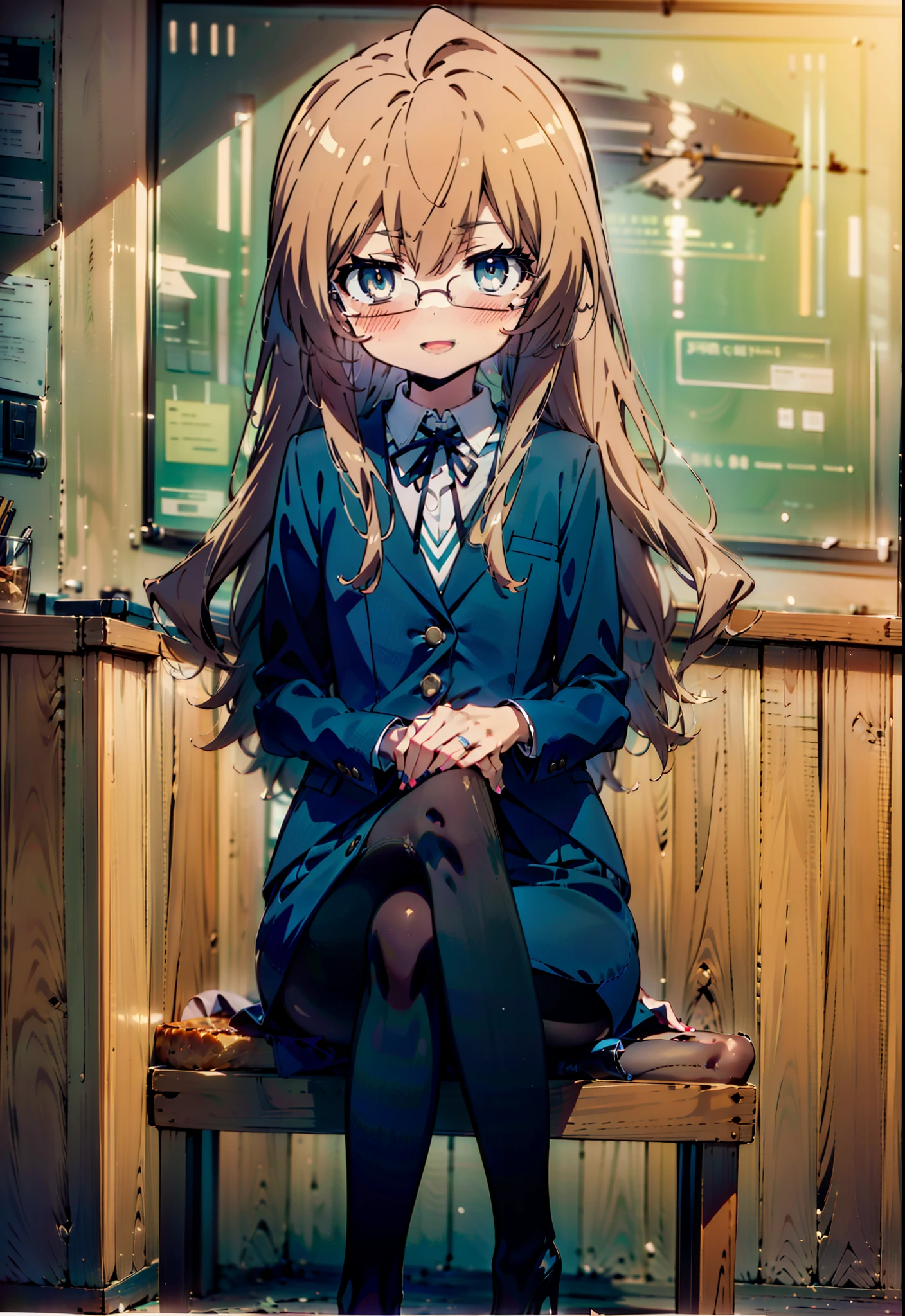  Aisaka Taiga,taiga aisaka,Long Hair, Brown Hair, Brown Eyes,(Flat Chest:1.2),happy smile, smile, Open your mouth,smile,blush,
OL, Akagi Glasses, Black suit jacket, Collared jacket, White dress shirt, Collared shirt, Neckline, button, Black pencil skirt, Black Pantyhose,Stiletto heels,sit cross-legged on a chair,interior,There is a lot of food on the table,It&#39;s as if your whole body is in the illustration., 
break looking at viewer,
break indoors,Coffee shop, 
break (masterpiece:1.2), highest quality, High resolution, unity 8k wallpaper, (figure:0.8), (Detailed and beautiful eyes:1.6), Highly detailed face, Perfect lighting, Extremely detailed CG, (Perfect hands, Perfect Anatomy),