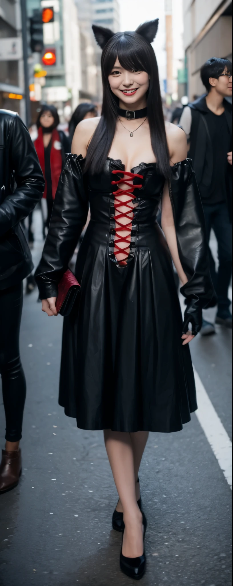 One woman is walking the streets of Shibuya in Halloween cosplay, Looking at the camera and smiling