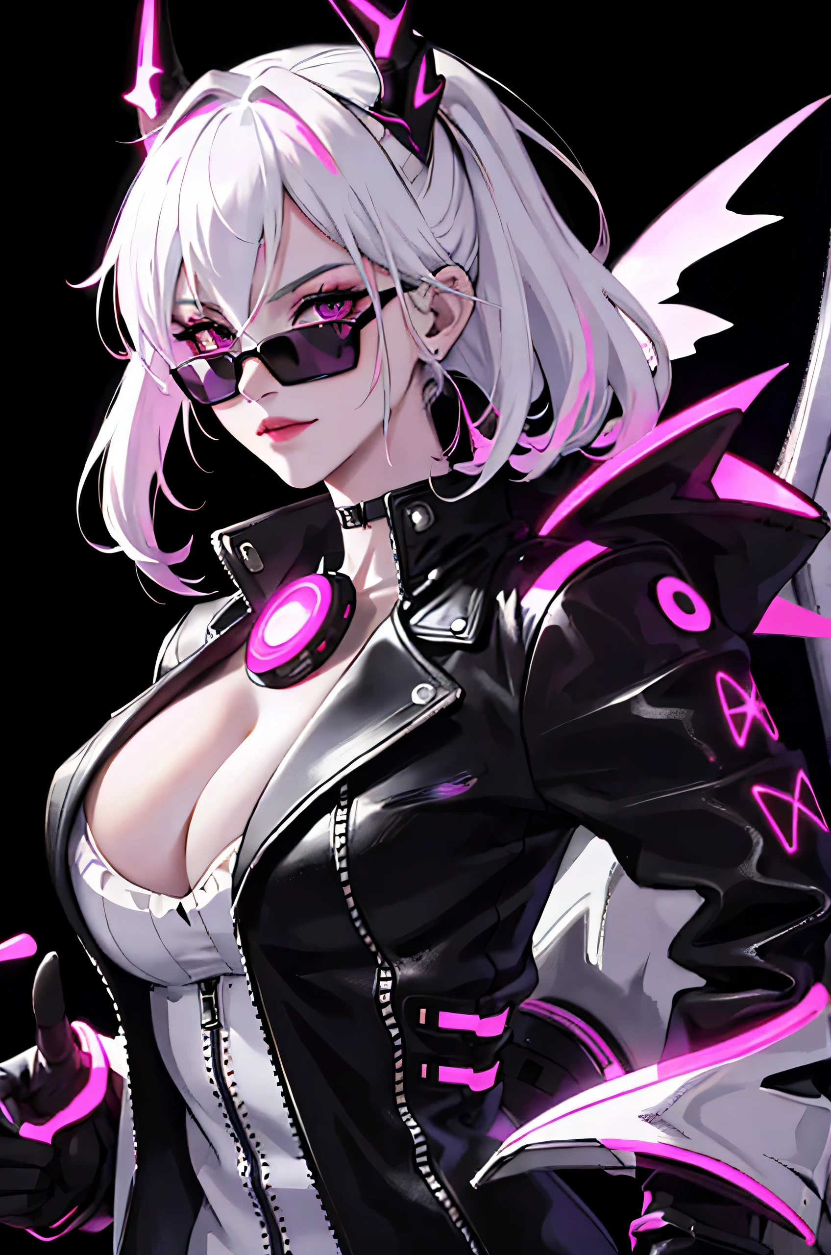 (masterpiece:1.2, best quality), (real picture, intricate details), (1lady, solo, upper body, big tits) Cyberpunk anime girl , devil mask, stylish pose, white hair, smirk, neon purple and pink touch, glow_in_the_dark, holographic, leather jacket, simple neon glow background, stylish hair, black_tinted_sunglass, ((perfect shapes sunglasses)), graffti wall background, dramatic light