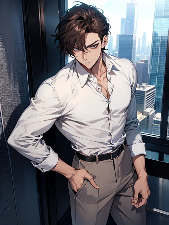 Anime Sexy man, dark hair, white office shirt, trousers, on the top of a skyscraper