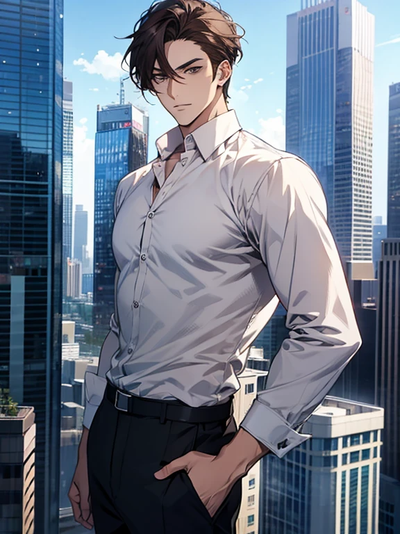 Anime Sexy man, dark hair, white office shirt, trousers, on the top of a skyscraper
