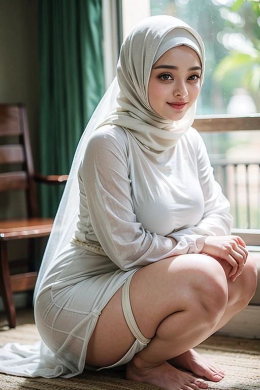 Full body picture, standing girl, muslim, white skin Indian girl wearing hijab, 12-year-old  girl, thin and short, small breasts, bra and tight mini skirt, legs spread wide, upskirt, cleavage showing, intricate facial details, white skin, hyper-realistic, biting lips, 8k resolution.