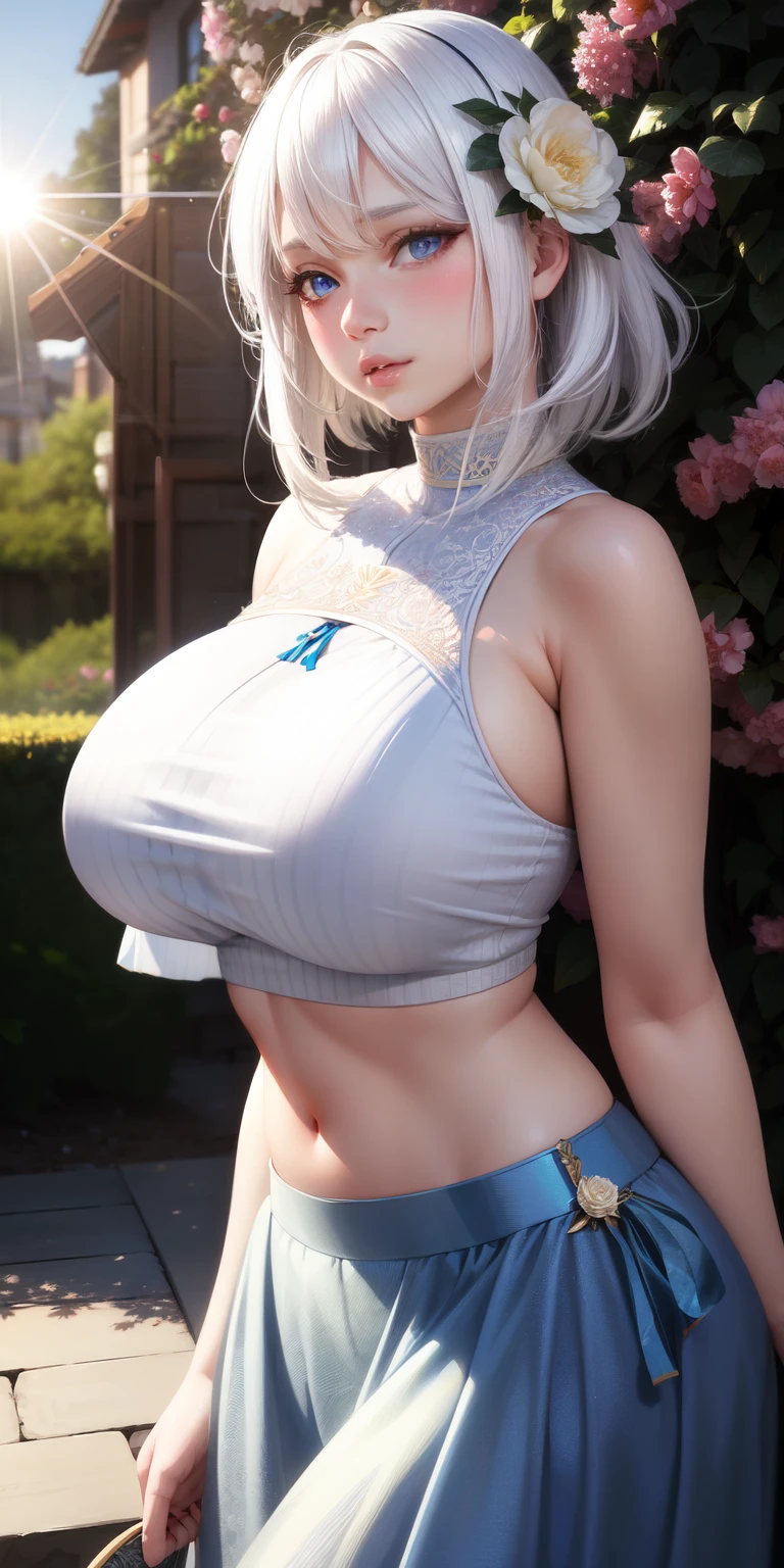 physically-based rendering, (1girl:1), Female, She inherits her counterpart's long silver hair and violet eyes, but looks more mature, She is described as being extremely beautiful and had everything that a woman could dream of. She had exquisite beauty and an alluring figure, (huge fake breasts:1.3), street, sexy muscular body, muscle abs, slim waist, big buttocks, (Full body:1.3), walking, skintight hotpants, wearing wet crop top tank top,(erection under clothes:1.3), bulge, penis bulge, (big thick penis:1.3)