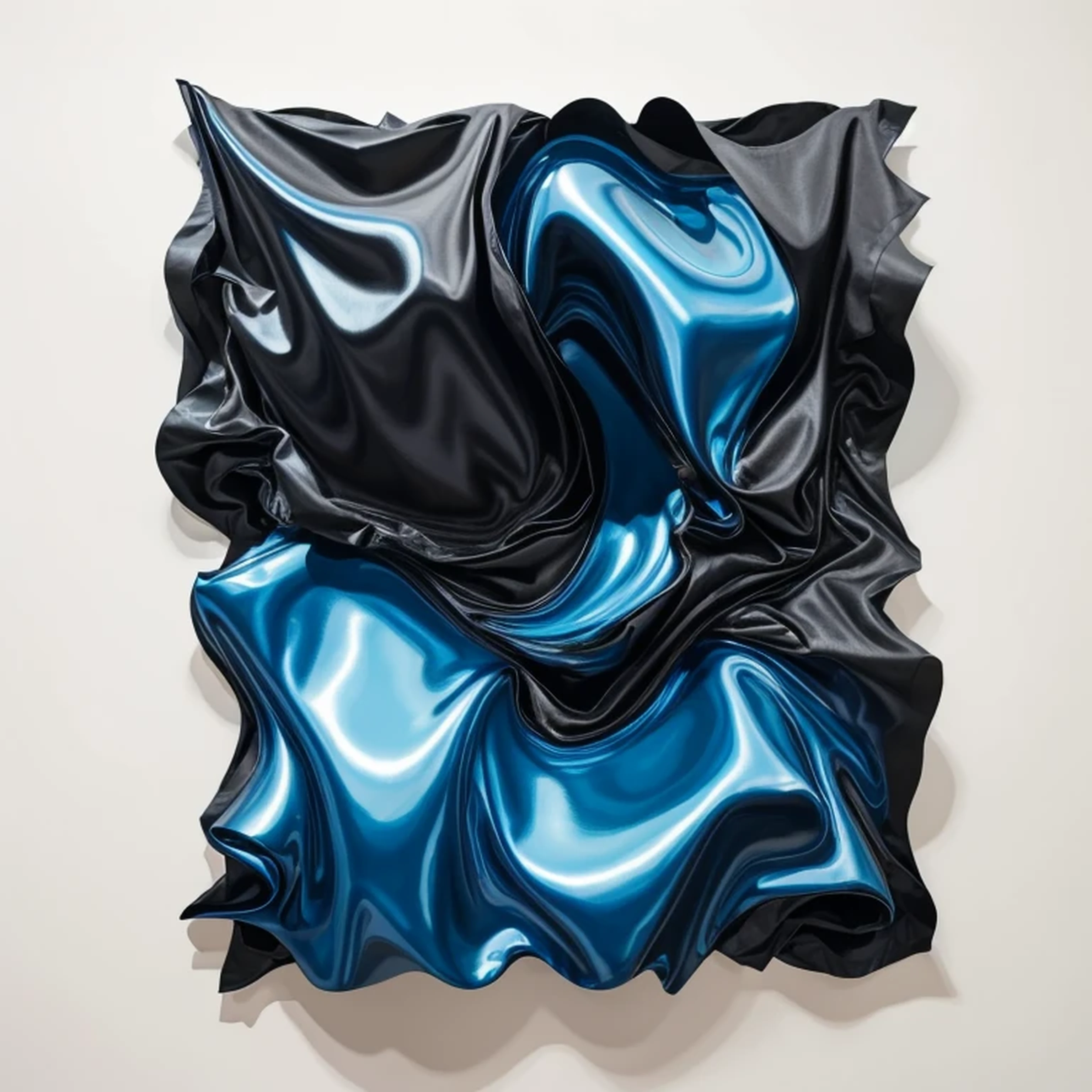 Wrinkled black fabric hung on a white wall, close-up, square、High Contrast、Matte texture、How to draw Mark Kostavi、John Chamberlain, Jeff Koons, Linda Benglis, James Nares, Koons, inspired John Chamberlain, black、 inspired Linda Benglis, I am drinking, Metallic engraving, by Jan Wijnants, inspired Jeff Koons, Search Art