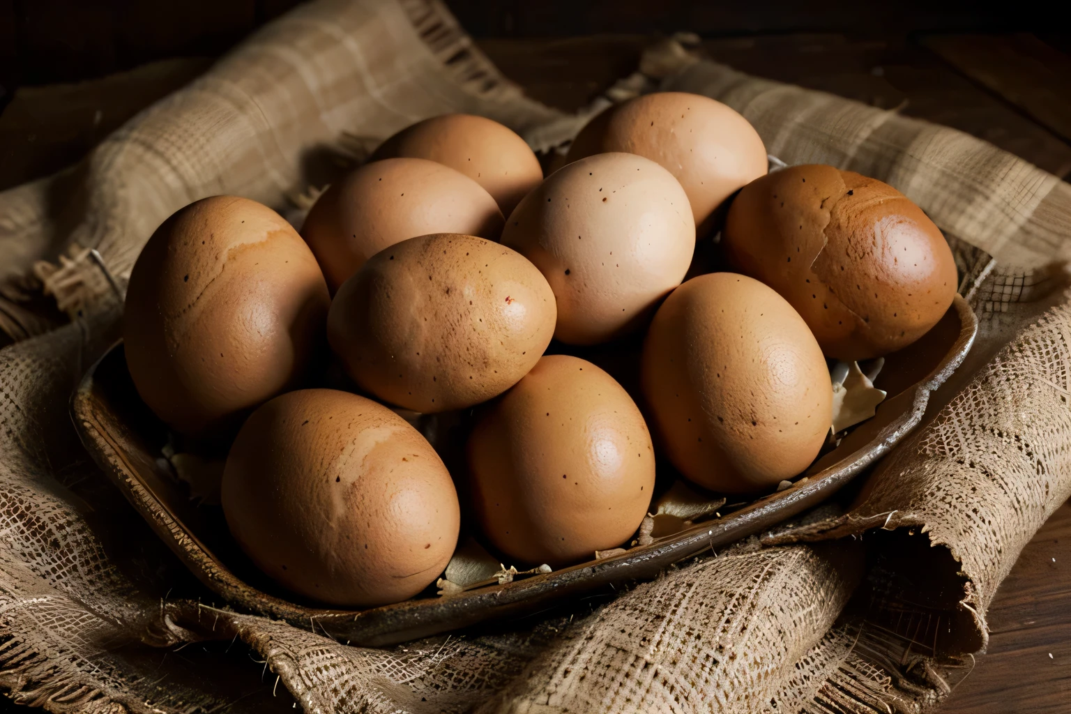 A pile of brown chicken eggs on a brown cloth