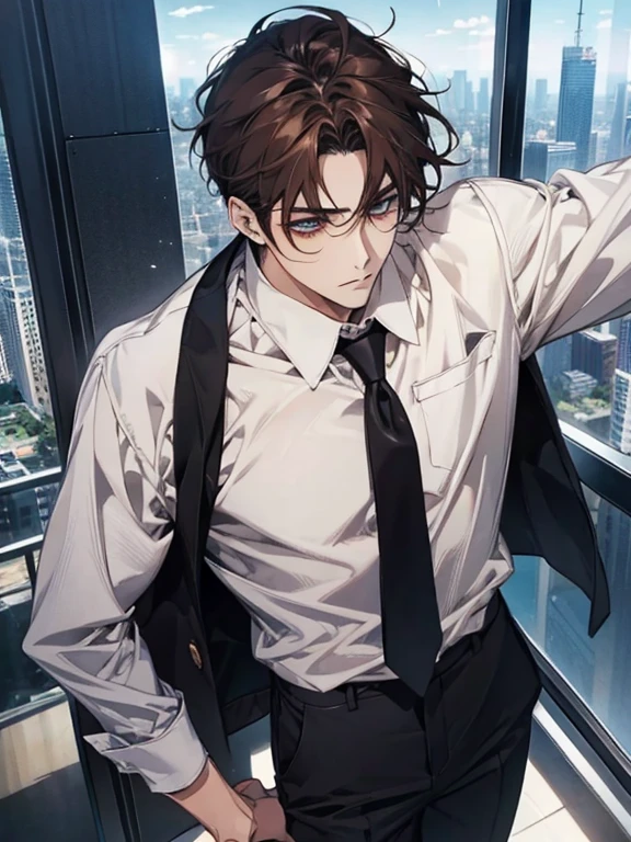Anime Sexy man, dark hair, white office shirt, trousers, on the top of a skyscraper