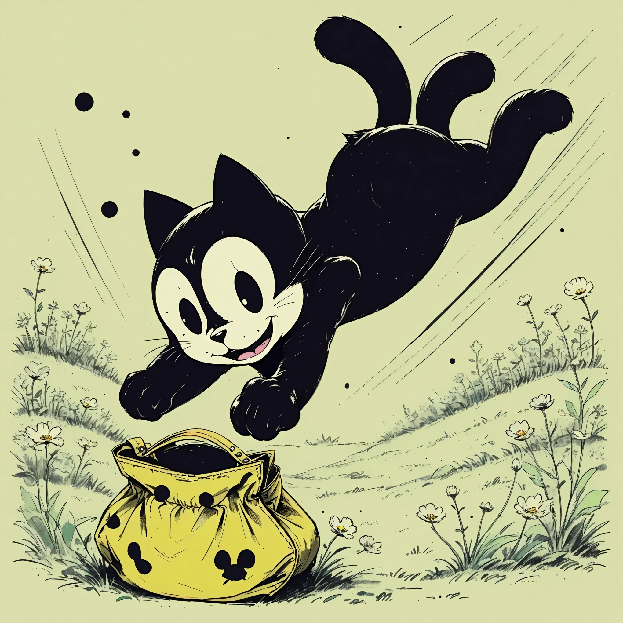 ROYGBIV vivid rich color grading sky background, Felix the Cat gracefully diving through the air into his open yellow bag of tricks on the ground, in a slow meadow, (Felix the cat style reference, An anthropomorphic young black cat with white eyes, a black body, and a giant grin) (Felix's bag is one-of-a-kind satchel, which usually takes the form of a suitcase/carpetbag halfmix, which is yellow with black markings, reveals the pattern to be black dots and near-floral), cel shading, rich color grading, cinematic, wordless, rotoscope hand drawn, expressive bold ink lines,