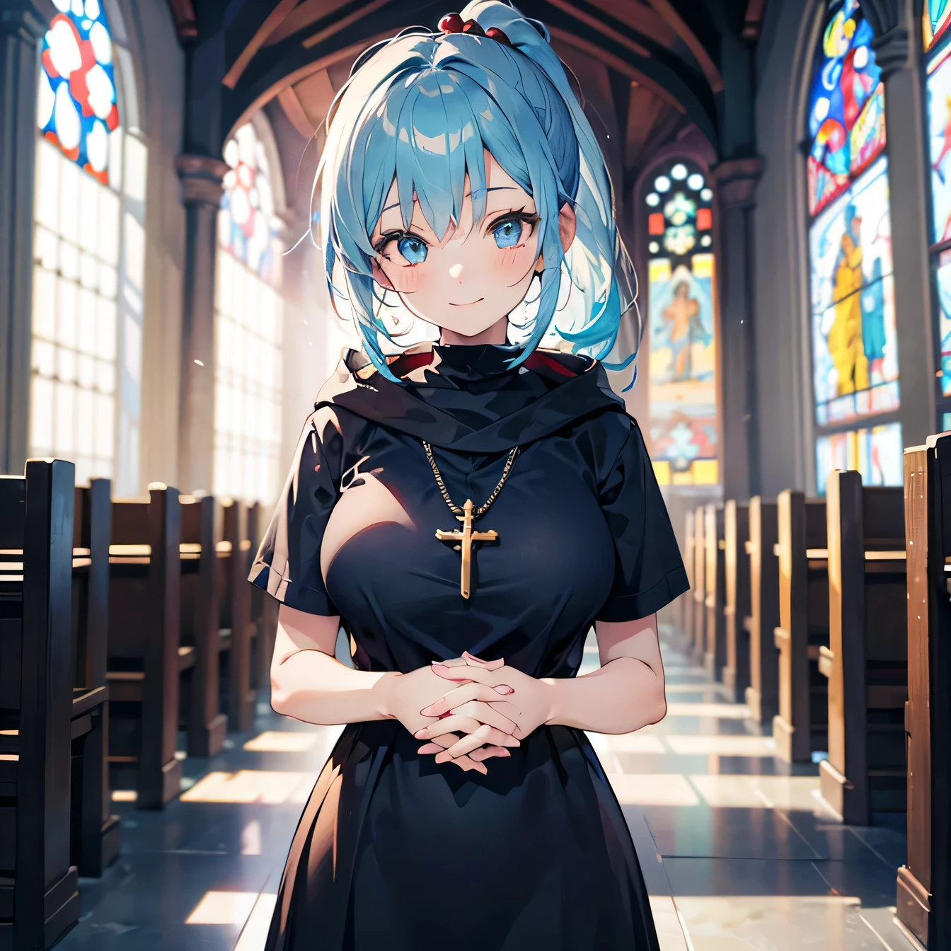 Anime Moe Art Style,highest quality,High resolution,Anatomically correct,One Girl,-teegirl with light blue hair in a ponytail,Super detailed,Sister,Monastic Blessings,No hood,Big Breasts,smile,love,praying,Hands clasped together,Eyes drawn in detail,Rosary,church,8K