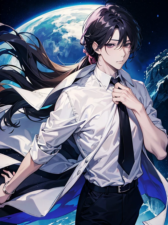 Anime Sexy man, dark hair, white office shirt, trousers, on the top of a skyscraper