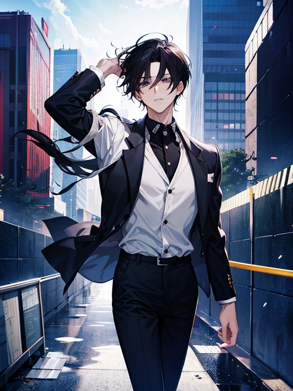 Anime Sexy man, dark hair, white office shirt, trousers, on the top of a skyscraper