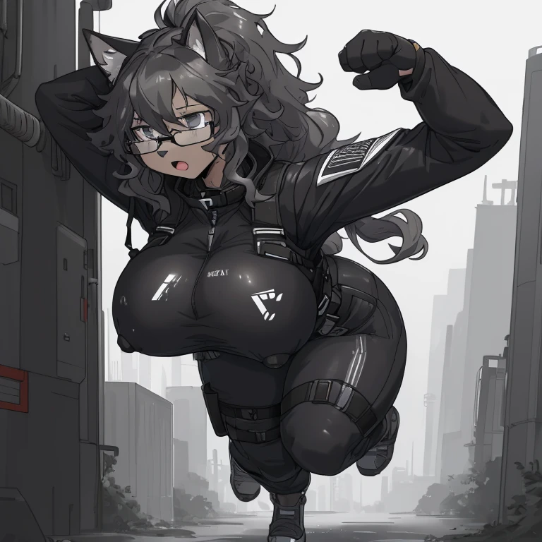 top quality, best quality, High-quality illustrations, masterpiece, super high resolution, detailed background, detailed background, detailed eyes, shy, absurdres(highly detailed beautiful face and eyes)perfect anatomy(kemono, furry anthro), (((character is grayscale))), streamlined integrated breasts tubes built into top, smaller waist, full squishy thighs, full wide hips, round full butt, smaller torso, more narrow torso, smaller stature and height, (((Tight tactical bodysleeve under clothing))), (((wearing tight fitted shirt))), (((black fur))), (((dark body))), (((no nudity))), solo, female, kemono, hair, fullbody view, (((detailed eyes))), silver reflective colored iris, city, golden hour, plants, (((by bebebebebe))), by buta99, by pgm300, by kishibe, by suurin 2, by sindoll, by secretly saucy, by ANUKI_ex, (((dark grey hair))), (((wavy hair))), (((black fur))), (((no fur pattern))), (((all black body))), (((black body))), feline, cat, glasses, scifi cyberpunk techwear cargo pants with utility straps, tight bra with thin straps and underbust support that struggle to hold breasts that squish and barely fit with excess breast squishing out from cleavage and sides worn under jacket, bra zips in the middle, bra straps connecting to harness for support, techwear crop jacket with triangle decals, scifi devices and tactical gear, tech harness, utility focused clothing, scifi tactical cylinder canister attached horizontally to her belt behind her with subtle tubes leading out from each side through her clothing and up to her breasts, high collar top, (((dark grey eyes))), open mouth, facing camera, (((messy hair))), short hair, messy ponytail, full body covered in black fur, freckles on her thighs back and arms, no fluids, (((zzzz-cup size breasts))), (((very large swollen breasts that have difficulty fitting in clothing))), nipple silhouette from clothing, inverted nipples, puffy nipple