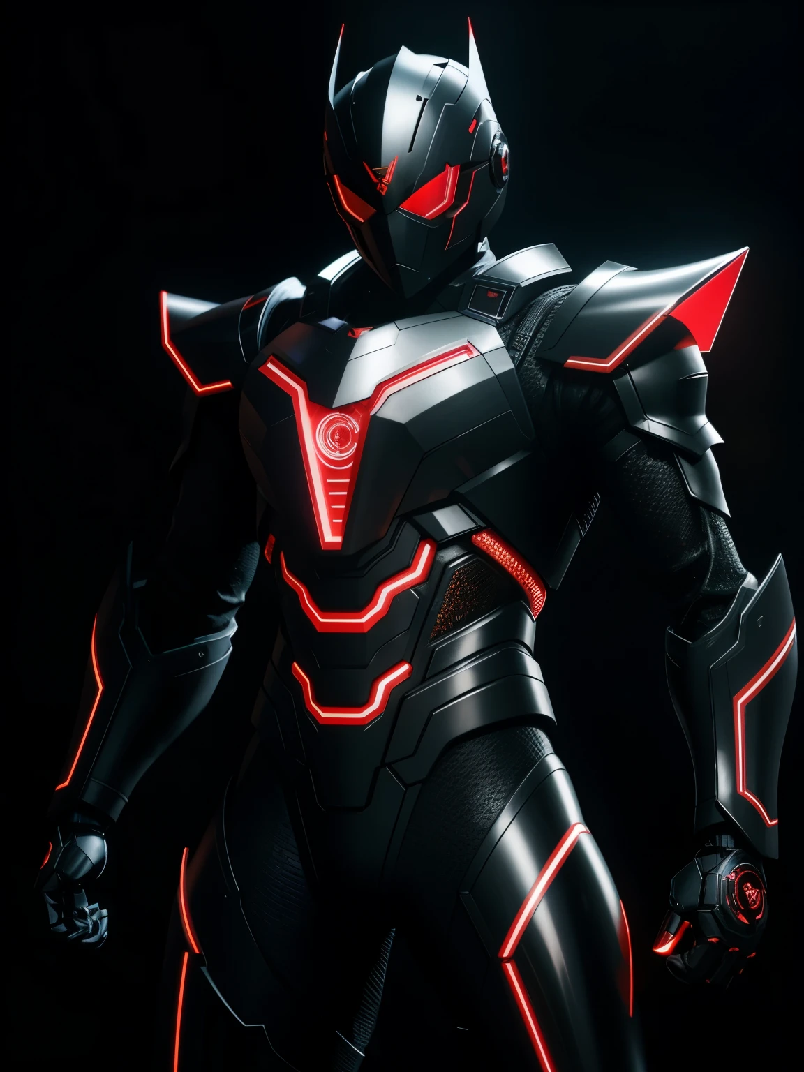 (extremely detailed CG), (best quality), full black armor, armor suit, red neon light, male, futuristic, dark background, powerful stance, glowing eyes, reflective surface, intricate details, mechanical components, sharp edges, dynamic pose, intense atmosphere, glowing insignia, sleek design, dramatic lighting, high contrast, menacing appearance, digital rendering, Kamen rider, background city, rider kick.