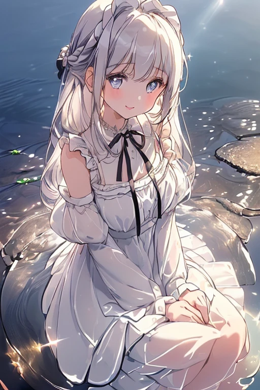 ((masterpiece 1.8)),ultra-detailed, 8K, High resolution, best quality, (stunning cg), ((1girl)), ((solo)), ((from front)), looking at viewer, (head shot), ((very beautiful and cute girl)), (( old girl)), (silver hair), (super long hair), (ultra-intricate pupil in eyes), beautiful detailed eyes, colorful detailed eyes,
((small bast)), (bangs), (french braid), ((slender)), parted lips, white dress, bare shoulders, wet clothes, see through, no lingeries, outdoor, horizont, ocean, ripple, water-world,beach, ruffles, (smile), ((sitting on the edge of the water)), ((front light)), ((back light)),(best shadow:1.3),
(soft shadow:1.1),
(beautiful shadow:1.4),
(beautiful reflection:1.3),
(Prismatic light:1.2),
(sparkling light),
(beautiful light:1.2),
(fantastical light:1.3),
(prismatic reflection:1.4),
(soft reflection:1.3),
(natural reflection:1.2),
(sense of depth:1.3),