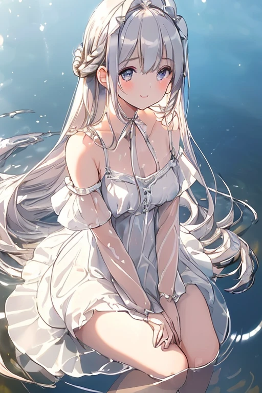 ((masterpiece 1.8)),ultra-detailed, 8K, High resolution, best quality, (stunning cg), ((1girl)), ((solo)), ((from front)), looking at viewer, (head shot), ((very beautiful and cute girl)), ((16years old girl)), (silver hair), (super long hair), (ultra-intricate pupil in eyes), beautiful detailed eyes, colorful detailed eyes,
((small bast)), (bangs), (french braid), ((slender)), parted lips, white dress, bare shoulders, wet clothes, see through, no lingeries, outdoor, horizont, ocean, ripple, water-world,beach, ruffles, (smile), ((sitting on the edge of the water)), ((front light)), ((back light)),(best shadow:1.3),
(soft shadow:1.1),
(beautiful shadow:1.4),
(beautiful reflection:1.3),
(Prismatic light:1.2),
(sparkling light),
(beautiful light:1.2),
(fantastical light:1.3),
(prismatic reflection:1.4),
(soft reflection:1.3),
(natural reflection:1.2),
(sense of depth:1.3),