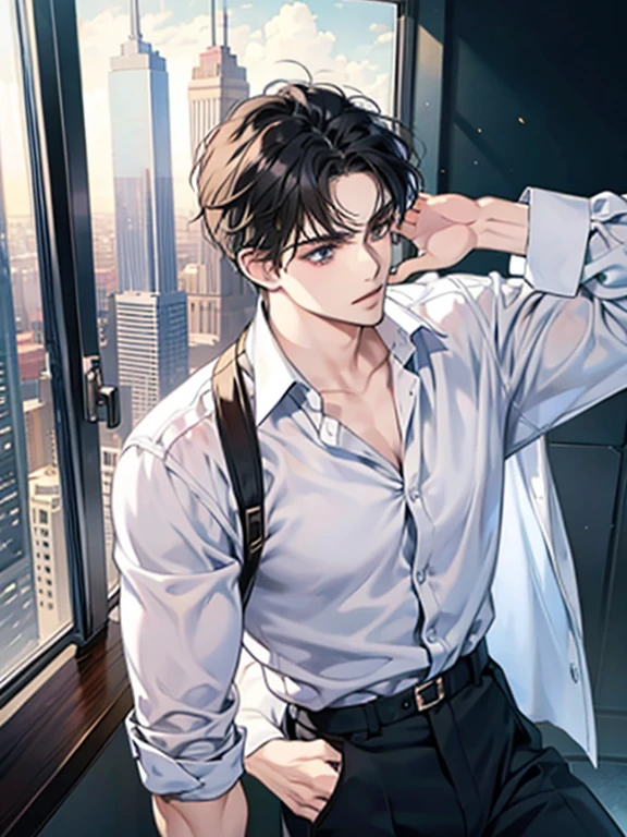 Anime Sexy man, dark hair, white office shirt, trousers, on the top of a skyscraper