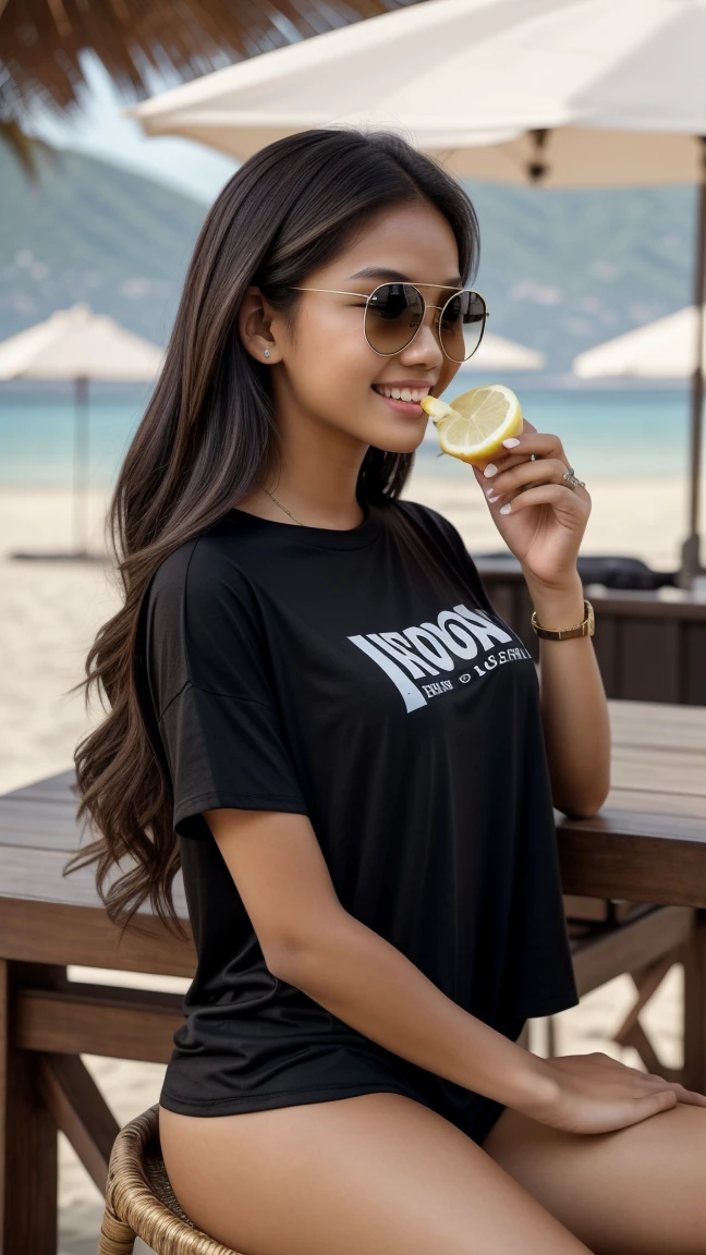 Picture taken with Sony A7RIV, realistic, 8K, Hi-Res picture, masterpiece, perfect shoot, detailed complicated background, Gorgeous twenty years old Indonesian girl, dark brown hair, busty, fair, slender, perfect modeling pose, smiling, ((wearing black oversize t-shirt)), sun glasses, sitting, stool bar. outdoor beach bar, enjoying her ice cold lemon.