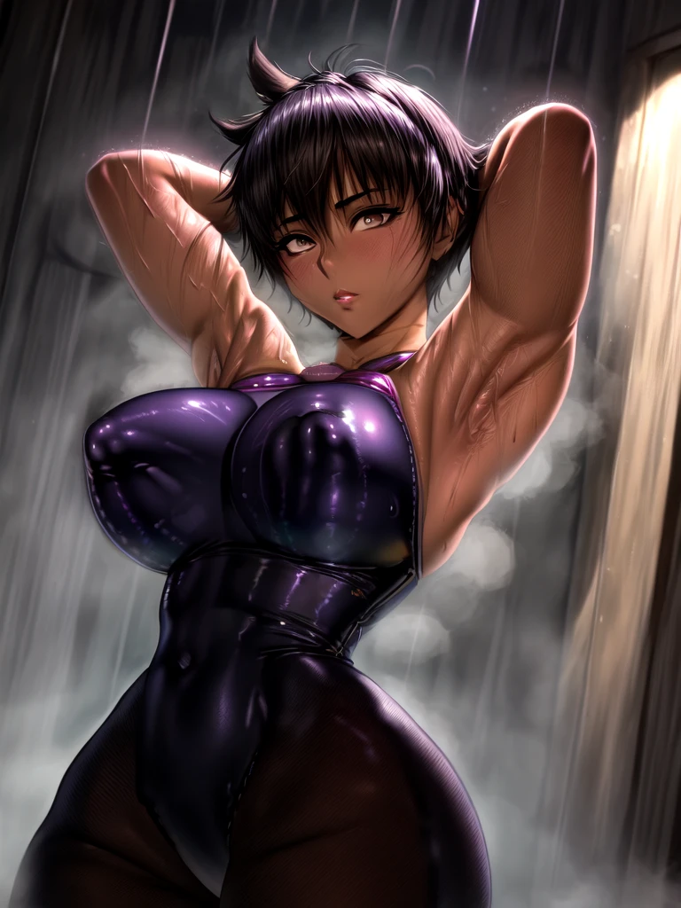 Casca in a purple latex top stretches her arms out, stop temporarily(Please raise your hand + blush), Anatomically correct,(((Big Breasts))),Protruding nipples,((Sweaty skin))Toned arms, Thin upper arms, with Please raise your hand, Underarm, Smooth body features, spread both arms wide, (((Excessive sweating))), Arms stretched out, elegant arms, elegant, Arms stretched out, Arms stretched out, casca,Browsing Caution,Oil