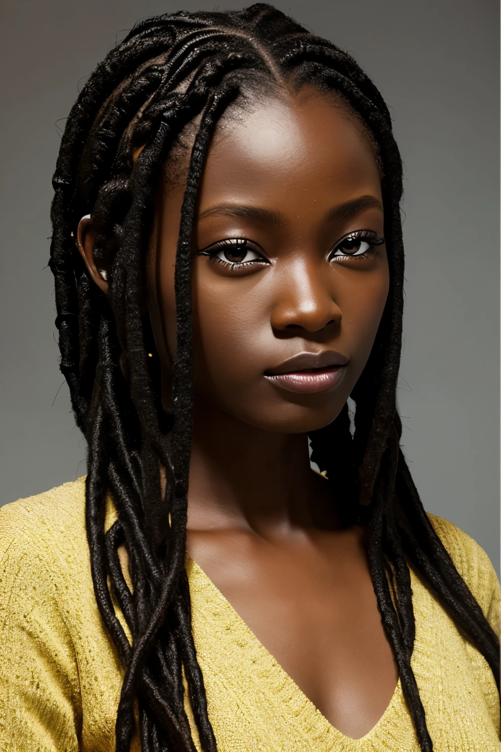 masterpiece, (best quality:1.5), highly detailed, (photorealistic:1.5), (photo:1.2) of young tall slender woman, dark skin, upper body, 8k, darkness, accent lighting, 100mm, high contrast, simple background, hands down, ((short:1.5)) curly hair, black tank top, ((shadows:1.2)), sharp focus, centered, looking at the camera, (aesthetic:1.3)