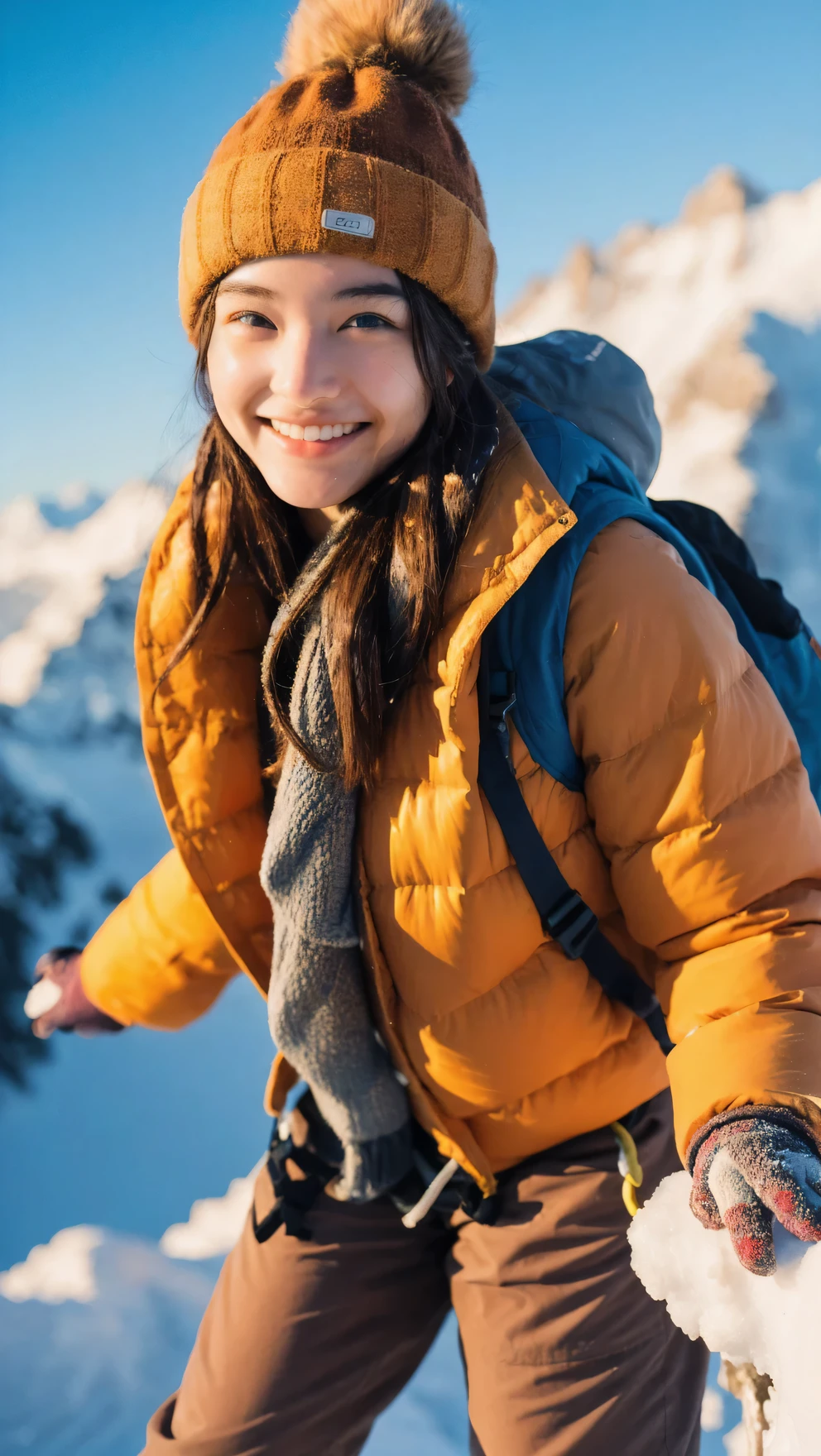 realisticlying、Snow-capped climbing、Outdoor Fashion Girl、Mountain from the cliff々々View、Portrait、Orange sunset、Happy smile、realisitic、Background ball blur、Happy smile、An 18-year-old woman、