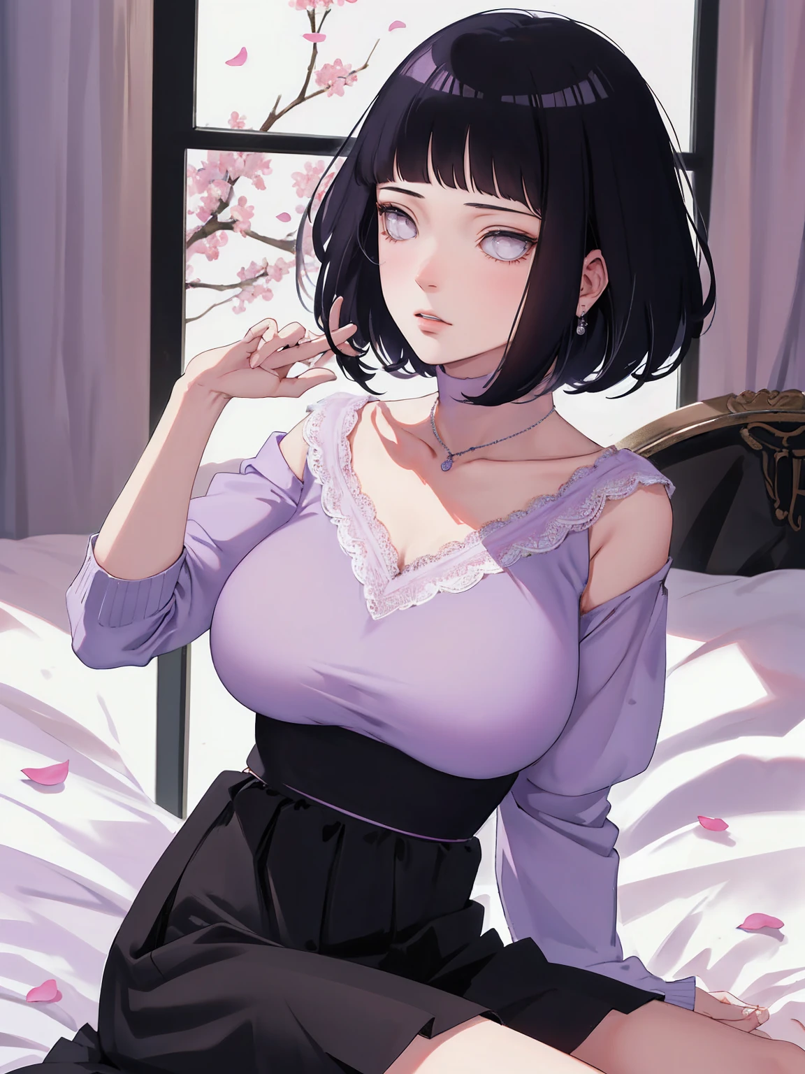 { - anatomy error} (Masterpiece - Ultra-detailed, very high resolution) (huge titusty, masterpiece, absurdres, hinata\(boruto\), 1girl, solo,mature female, off-shoulder bra, high waist black short skirt, looking at viewelling petals), perfect composition, detailed lips, big breast, beautiful face, body propotion, blush, (pink lips), short hair, (black hair), purple eyes, soft gaze, super realistic, detailed, photoshoot, realistic face and body, closed mouth, sitting on the bed , lilac eyes, upper body, lace clothes, backwards, looking back, with chin resting on shoulder, perfect fingers