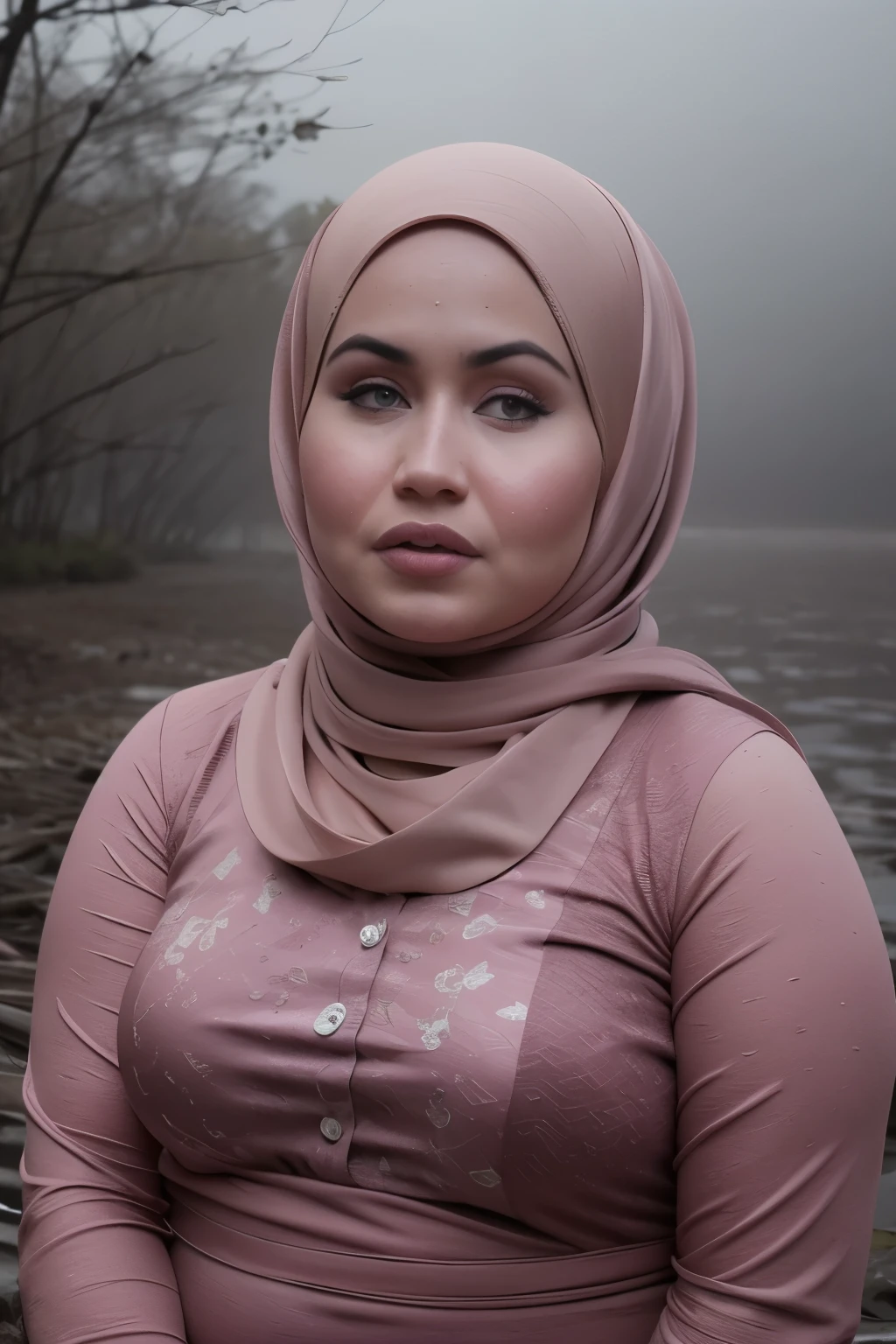 ((Chubby:1.4)), ((HIJAB)), WEARING STRAPLESS PATTERN FLORAL BRA, (Best Quality, hight resolution, Realistic:1.37), The Frightened Woman, pixie cut, sickly, Swamp environment, standingn,  Distressed flared satin, cloudy water, Sinking Feeling, gloomy atmosphere, Foggy surroundings, dark shadows, A Surreal Touch, soft-lighting, creepy ambiance, can't cope with shame, half body, Being in the middle of a very creepy and dark city