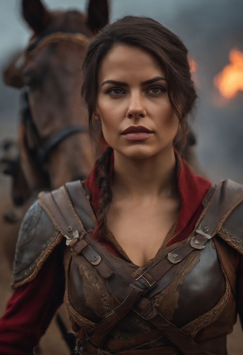 Retrato de uma mulher guerreira fica na frente do cavalo, Assassin's Creed game, foto realista, post-apocalypse