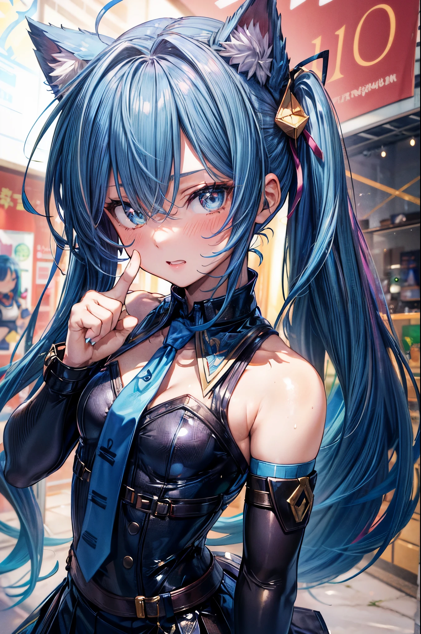 hair above right eye, sleeveless shirt, black shirt, detached sleeves, necktie, (skirt), thighhighs, thigh boots, break, long hair, ((blue hair1.5)), (cat ears), straight hair, ((long tri tails)), (((4 defined fingers))), (((1 defined thumb))), (looking at viewer), break, sexy, ((solo)), (1 cute girl), (()), AI generated, ((highest quality)), ((masterpiece)), (familiar),  skindentation, perfect face, 8k , upper body, break, break, blue eye, ((embarrassed)), small breasts, perfect limbs, sexy, (sexy pose), , (dutch angle), dynamic pose, (close up),