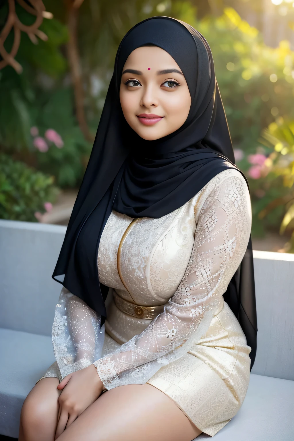 Beautiful, cute baby Face, 20 Years old Aishwarya Rai, (wearing hijab), full hijab, sexy long sleeves kebaya dress, slightly Chubby , White Skin, Smiling, porn studio Background, day light,mid shot, full body, Perfect Potrait, Bokeh Effect, Look at Viewer, big breast, ((adorable:1.2)), ((masterpiece:1.1)), ((bokeh:1.2)), buttocks,(naughty seductive poses