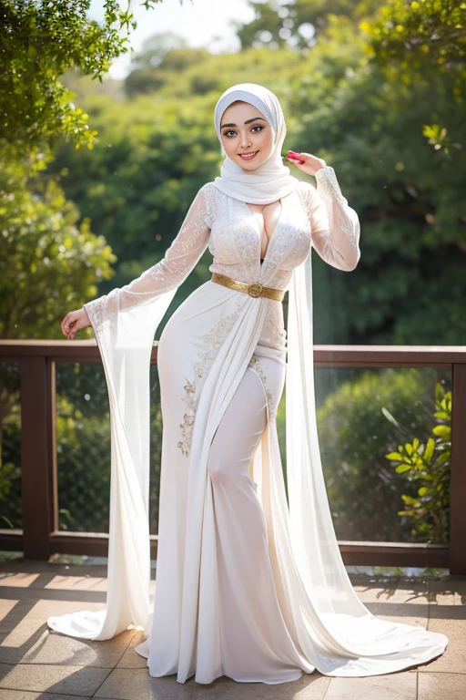 Beautiful, cute , 20 Years old Jennifer Lawrence, (wearing hijab), full hijab, sexy long sleeves kebaya dress, slightly Chubby , White Skin, Smiling, porn studio Background, day light,mid shot, full body, Perfect Potrait, Bokeh Effect, Look at Viewer, big breast, ((adorable:1.2)), ((masterpiece:1.1)), ((bokeh:1.2)), buttocks,(naughty seductive poses)