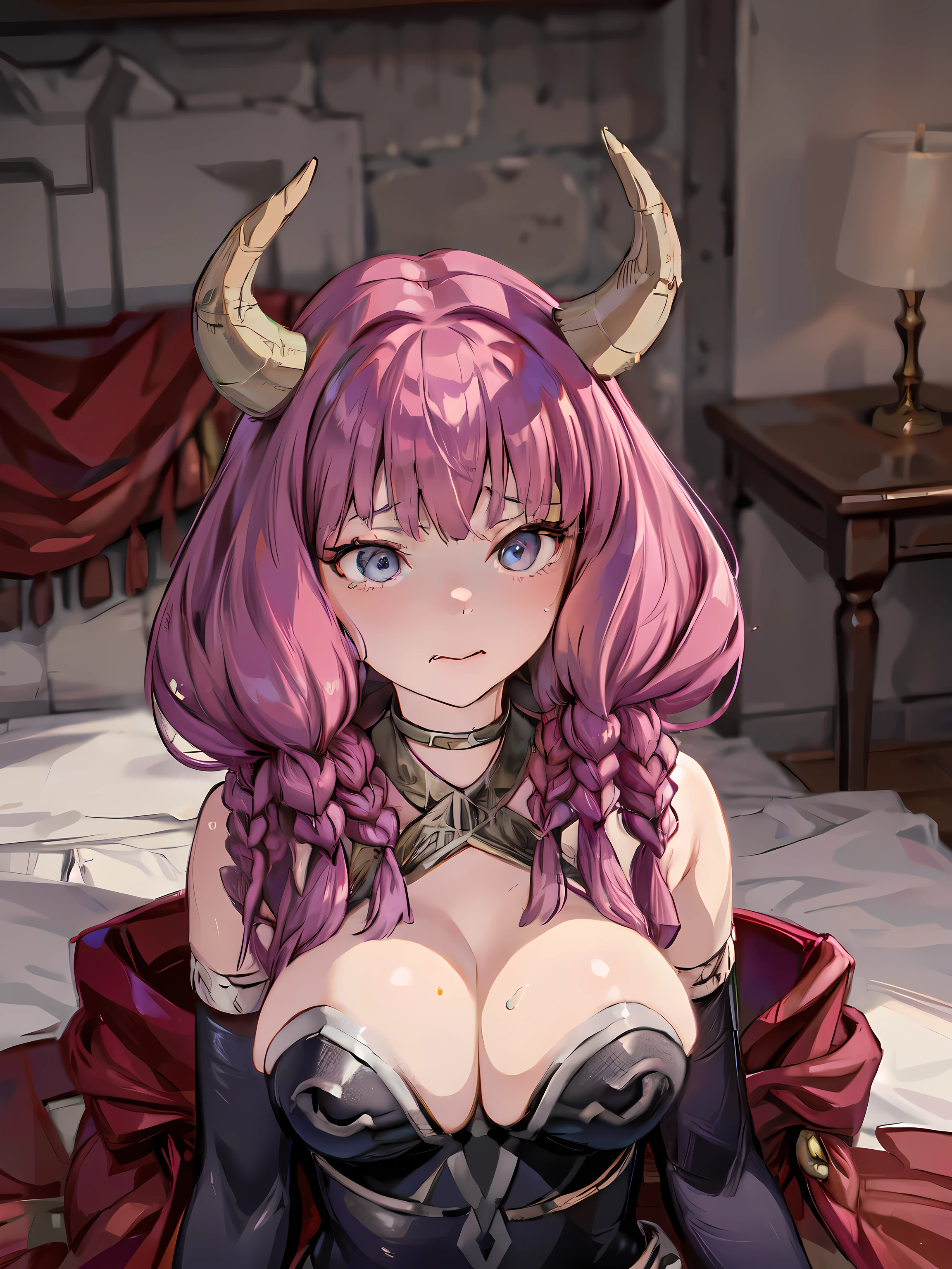 (lying on bed), bird’s eye view, (upper body exposed), covering her breasts with her hands. AURA, HORNS, LONG HAIR, BRAID, GLOVES, TWIN BRAIDS, ELBOW GLOVES, BLACK GLOVES, LARGE BREASTS, (ecstasy:1.3) ,(slut:1.2),(vulgarity:1.3),(fucked silly:1.1),(steam:1.1),(wet:0.8),(trembling:0.8),(tears:0.7) ,(drooling:0.6),(sweat:0.8), ((nsfw)),
