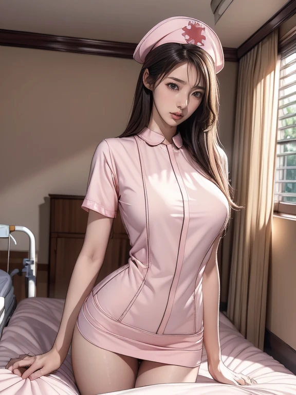 Pornographic Images,Cinematic scene,Fantasy Art,Highest image quality,hyperrealistic portrait,(8K),Ultra-realistic,Best Quality,High quality,High Definition,high quality texture,high detailing,Beautiful detailed,fine detailed,extremely details CG,Detailed texture,realistic representation of face,masutepiece,presence,Dynamic,Bold,1gir,(ideal ratio body proportions:1.5),Ultra detailed skin,Curve,,Beautiful breasts,Large breasts,pale skin,pointed breast,Erect nipples,(Thin hair),(Soft hair),(ultra straight hair),Swept long bangs,very light coppery amber hair,Hair over one eye,(pink nurse uniform:1.3),(gravure pose:1.5),(hospitals、Hospital Room、Patient bed:1.5)