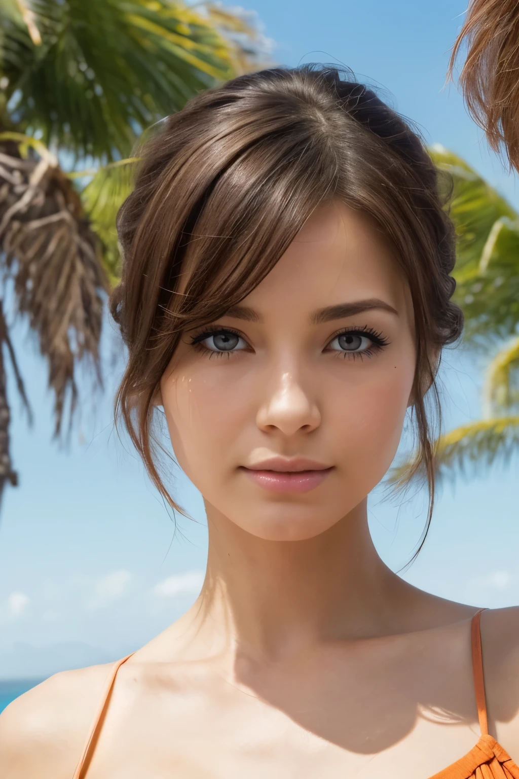 High resolution images, 4 jk, Beautiful and attractive woman in fashion trends, Look straight at the camera, Looking at the camera, By boat, tight slip dresses,Orange, Blue sky and white clouds, Delicate and sexy full body image,cover the chest, Beautiful eyes, Pink Lips, Bare shoulders, (((length_eye_eyelash)Ultra-high resolution, Super detailed, Fresh and good, See-through, Layered Haircut, Light_Sunburned_skin, )), (((Realistic photos))), (((Surreal))), Real photo: 1.1, detailed face and skin texture, Detailed eyes, Double eyelid, Light Sunburned skin, Ponytail hairstyle, Light_Sunburned_skin, Focused on the face, A calm face