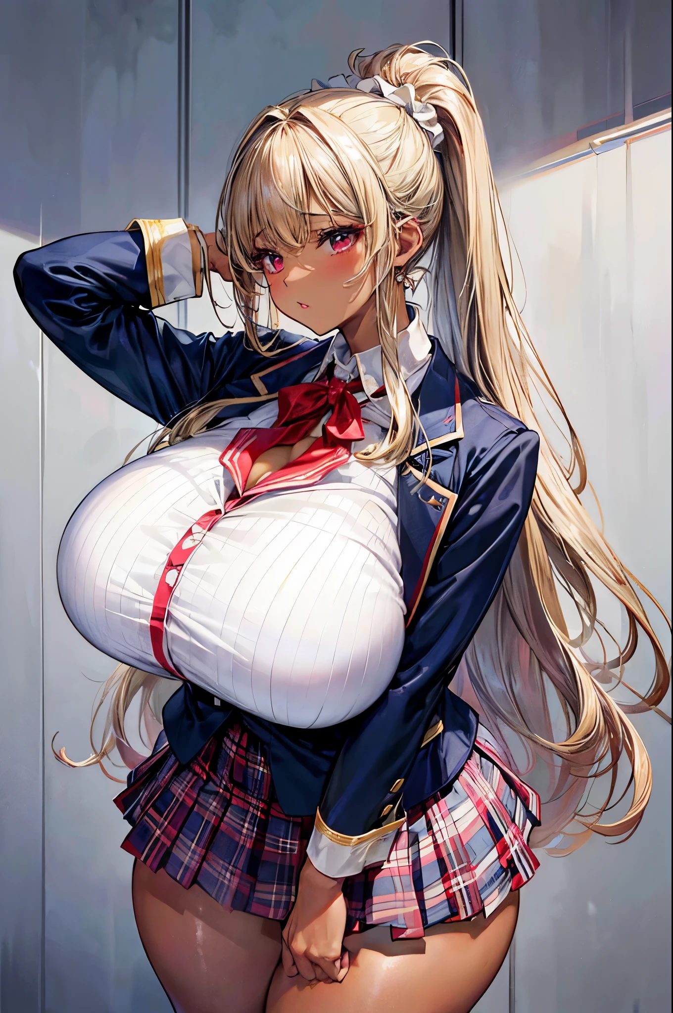 (masterpiece:1.2、highest quality、Tmasterpiece)、1 female、alone、classroom、Day、stand、blonde、ponytail、Red eyes、break、(Navy blue blazer:1.4)、(Dark Skin:1.4)、(White collared shirt)、Big Breasts、pantyhose、Place your hands behind your head、corset、Hoop Earrings、lipstick、(Checked mini skirt)、tie、Very sweaty、Ring Choker、Scrunchie、blush、Covered breasts、Bangs braids、(Thick lips:1.2)