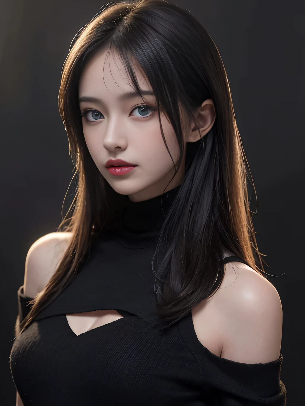 highest quality, masterpiece, Ultra-high resolution, (Realistic:1.5), RAW Photos, In the Dark, Deep Shadow, Inconspicuous key, Cold Light, Observe the audience, ((Dark Background)),small breasts 1.2, Exposed cleavage, Long Bangs, blue eyes, Sharp Face, Sharp eyes, Ultra-high resolution, perfect glowing skin, Perfect lighting, Detailed lighting, Dramatic Shadows, Ray Tracing, Black sweater, blue eyes, Browsing Caution, Upper Body, Open the mouse,