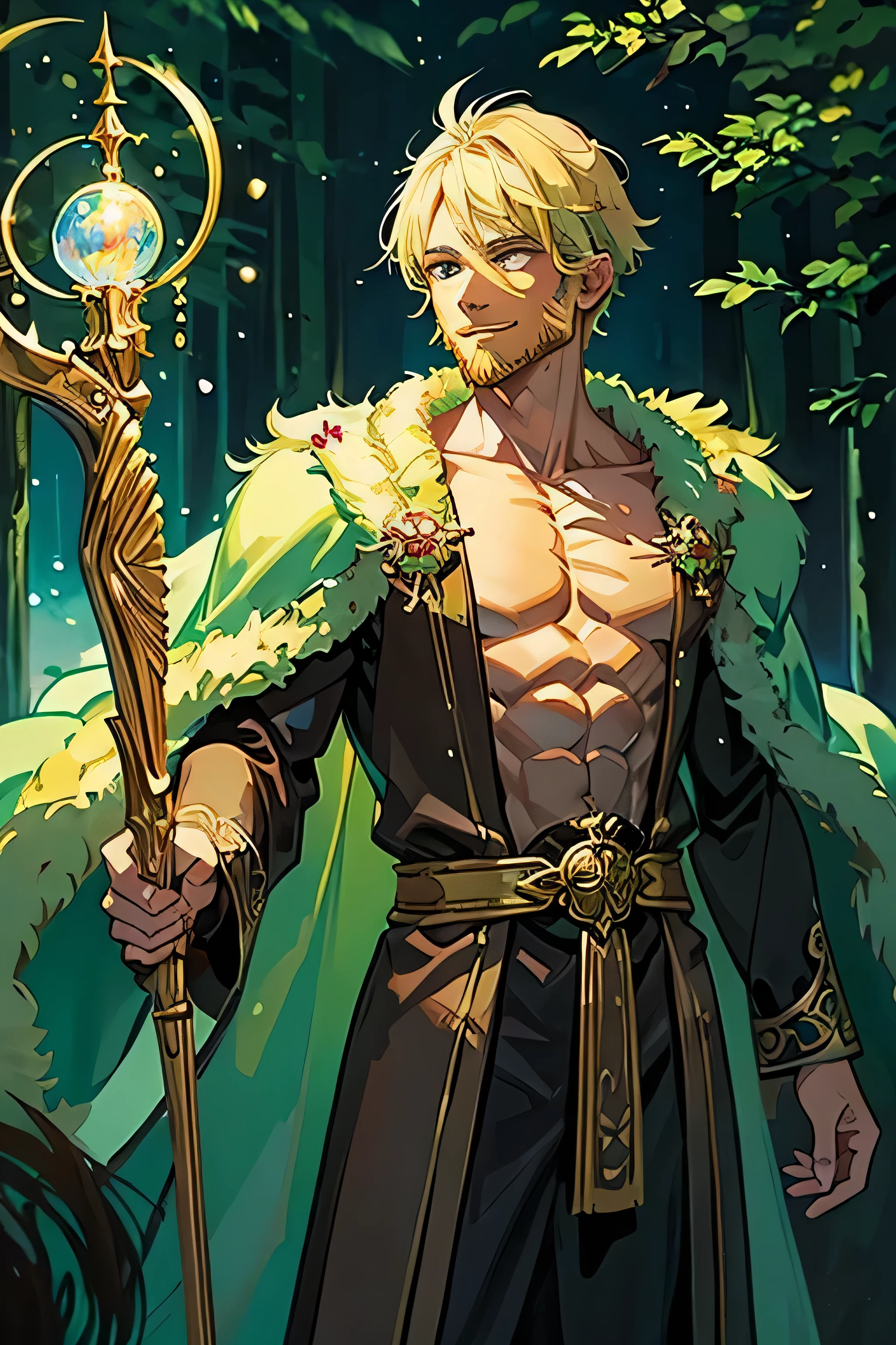 young male, bara wizard, short beard, long ornate wooden staff in one hand, arcane wizard robe, enchanting and dreamy scene of a fantasy forest, dense forest, pastel colors, oil painting, sense of enchantment, smiling, particles of light, military cut blonde hair, extremely muscular physique, realistic hands, both green eyes, fur cloak