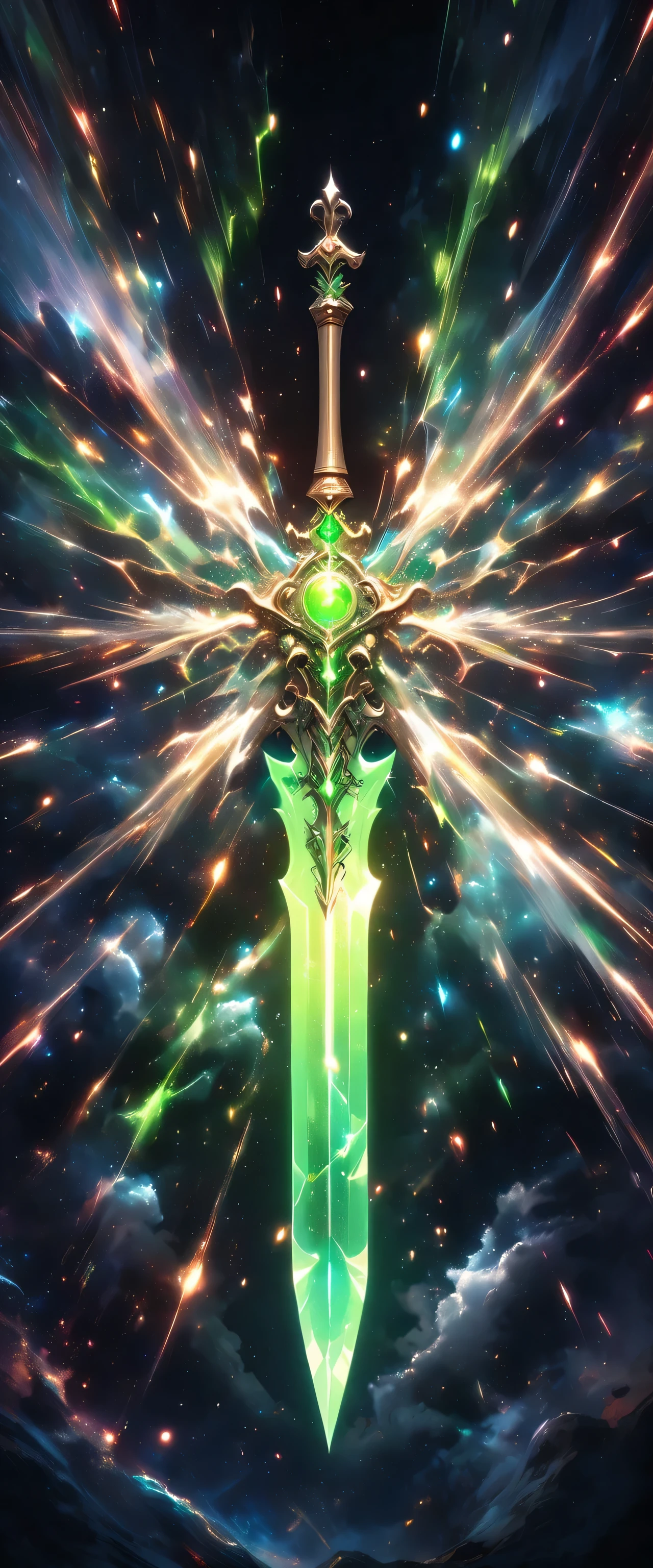 Sword Portrait，Dazzling green giant sword with white smoke coming out from black background, Great writing,Excalibur