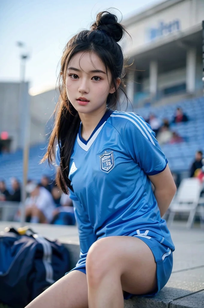 beautiful detail, best quality, 8k, highly detailed face and skin texture, high resolution, cute asian girl in blue soccer uniform at stadium, sharp focus