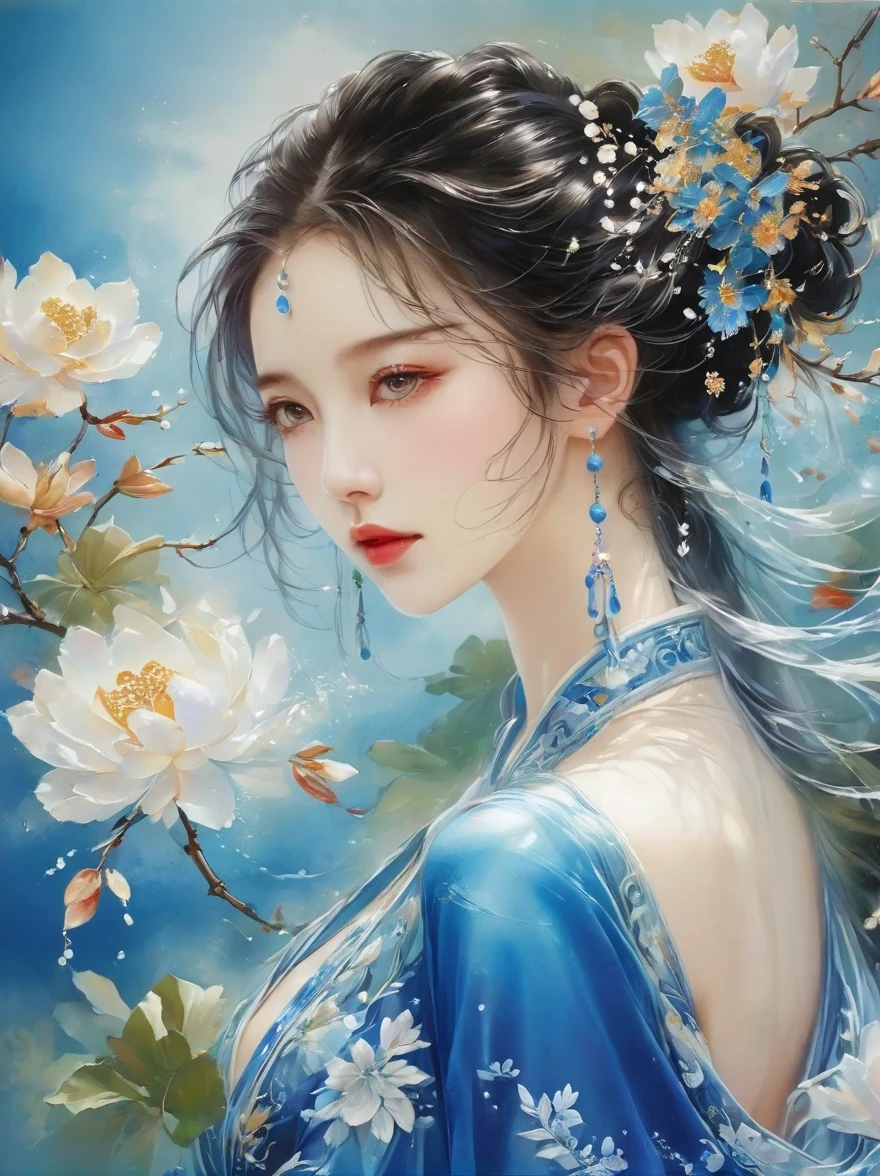 embroidery,立体embroidery,(A gorgeous blue Suzhou embroidery pattern hangs on the wall),Blue and white petals,丝绸材质embroidery,The inspiration of Yao Jianping's Suzhou embroidery dream,translucent,Rich cleavage,On silk,Alcohol ink art