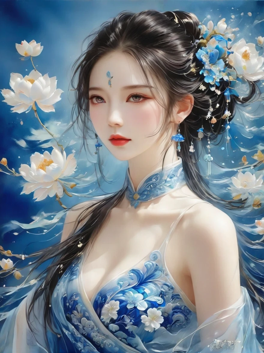 embroidery，立体embroidery，(A gorgeous blue Suzhou embroidery pattern hangs on the wall)，Blue and white petals，丝绸材质embroidery，The inspiration of Yao Jianping&#39;s Suzhou embroidery dream，translucent，Rich cleavage，On silk，Alcohol ink art