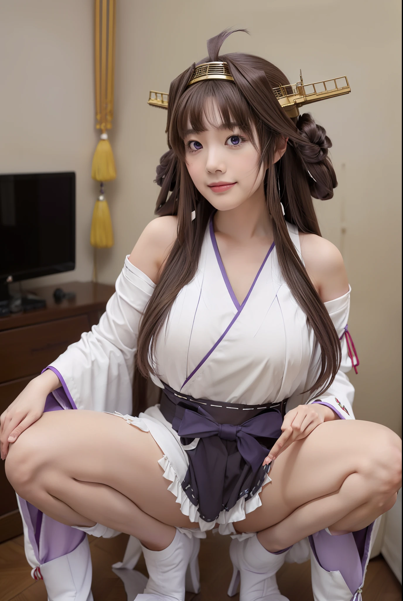 Ship Kongo, kongou, Ahoge, Brown Hair, Double good, Hair Bun, hair band, headgear, Long Hair, (Purple eyes:1.1), 
Breaking boots, Removable sleeves, red and white kimono, Non-traditional Shrine Maiden, Ribbon trim, Sleeves edged with ribbon, Thigh-high boots, Wide sleeves,
壊す looking at viewer, smile, Blushing Living Room, Destroy the office room (masterpiece:1.2), highest quality, High resolution, unity 8k wallpaper, (shape:0.8), (Beautiful details:1.6), Highly detailed face, Perfect lighting, Extremely detailed CG, (Perfect hands, Perfect Anatomy),Squat,(spread legs, legs up)