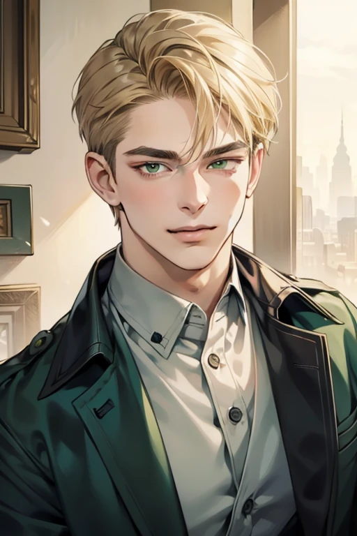 masterpiece, best quality, realistic, 1man, mature male, quiet and charming young man, 18 years old, smirk and look on the side, closed mouth, portrait, extremely detailed face, smirk, (dark green eyes), (short-side-swept sandy blonde hair)), [thick eyebrows], (detective clothing)