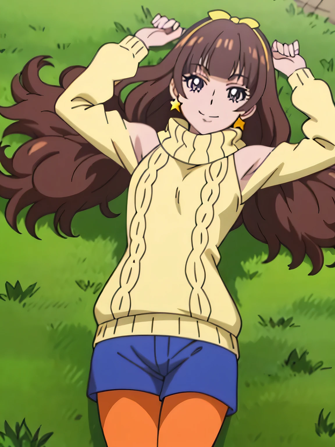 amanogawaki, 1girl, solo, yellow hairband, star earrings, turtleneck sweater, shoulder cutout, blue shorts, orange hose, lying, on back, arms up, solo, spread arms, looking at viewer, (cowboy shot:1.5), closed mouth, masterpiece, best quality, smile, anime coloring, on grass,