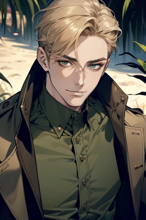 masterpiece, best quality, realistic, 1man, mature male, quiet and charming young man, 18 years old, smirk and look on the side, closed mouth, portrait, extremely detailed face, smirk, (dark green eyes), (short-side-swept sandy blonde hair)), [thick eyebrows], (detective clothing)