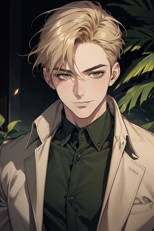 masterpiece, best quality, realistic, 1man, mature male, quiet and charming young man, 18 years old, smirk and look on the side, closed mouth, portrait, extremely detailed face, smirk, (dark green eyes), (short-side-swept sandy blonde hair)), [thick eyebrows], (detective clothing)