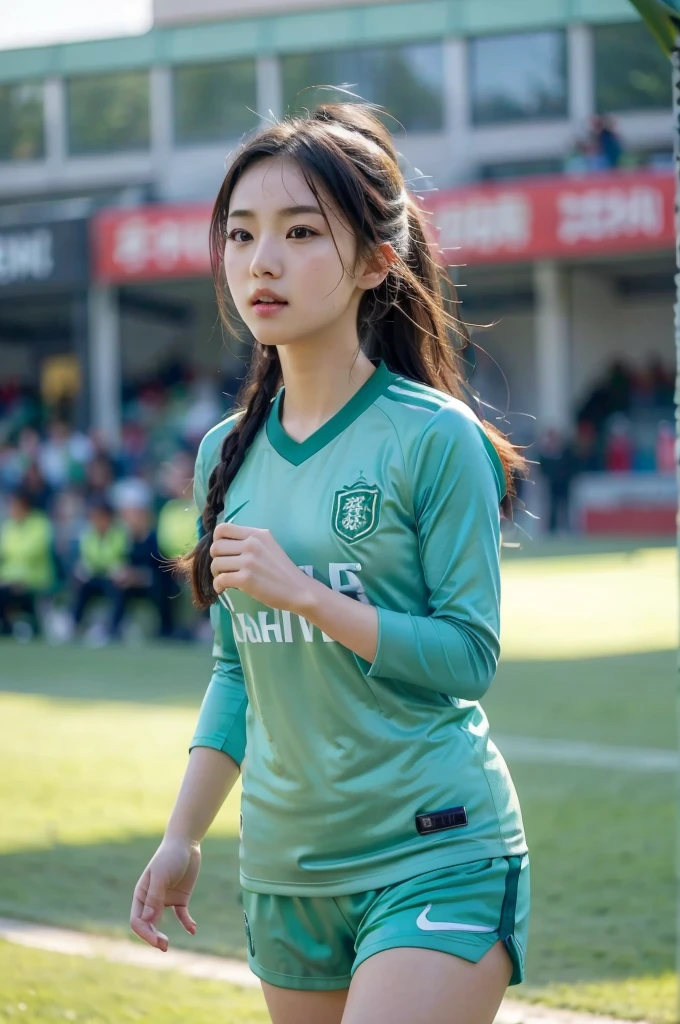 beautiful detail, best quality, 8k, highly detailed face and skin texture, high resolution, cute asian girl in green soccer uniform at stadium, sharp focus