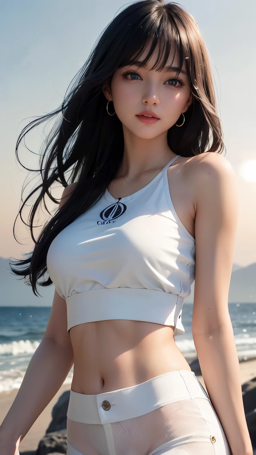 (logo、masterpiece、8k、Tabletop、RAW Photos、wonderful、最high quality、Photorealistic and Very detailed CG integrated 8k wallpaper、high quality、Very detailed、Narrative poem、Particle Effects、Dynamic Effects、Written boundary depth、Cinematic Light、Lens flare、Ray Tracing)、Fantasy、 (One beautiful woman、White Pants、White T-shirt、White tube top、White crop top、Black-haired、Beautiful Face、True Face、Beautiful details、eye、Beautiful Skin、Ultimate Body、glamorous)、私の髪はWindに舞う、Hair flutters in Wind、Hair bounces、Petals fluttering、wonderful scenery、sunrise、Sun in the background、Wind