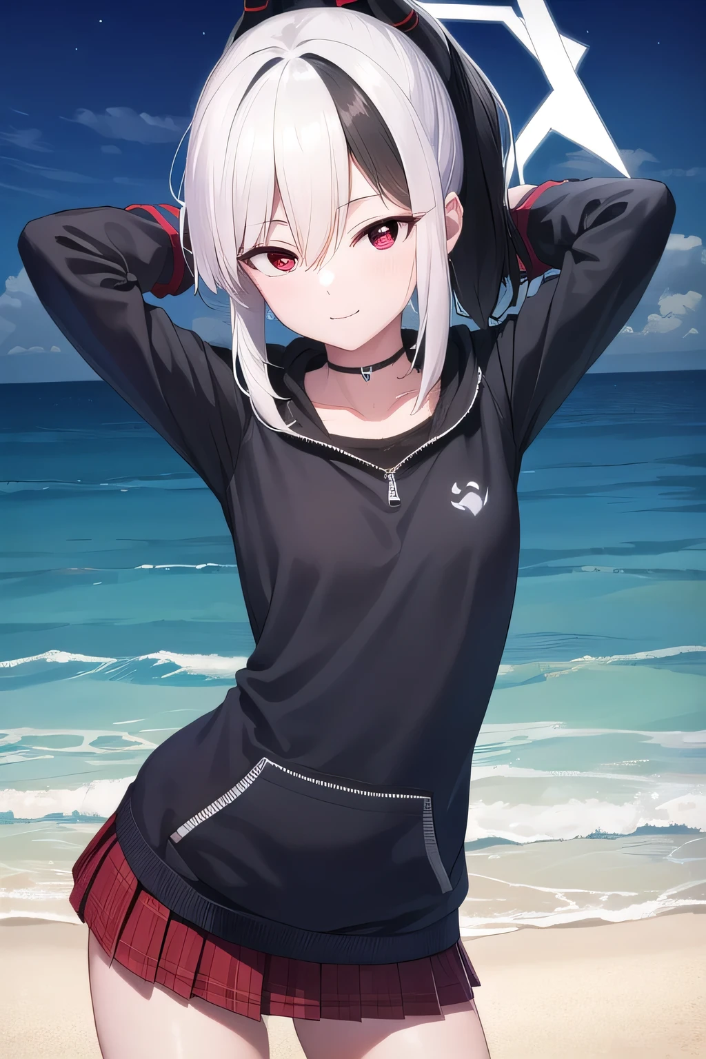 kayokoonikata, kayoko onikata, black hair, demon horns, hair between eyes, halo, horns, long hair, low wings, mole, mole on collarbone, multicolored hair, ponytail, (red eyes:1.5), single wing, two-tone hair, white hair, wings, black ponytail,
BREAK black hoodie, choker, hood, hoodie, pleated skirt, skirt, red skirt,
dynamic pose, contrapposto, spread armpit, arms behind head, solo, looking at viewer, (cowboy shot:1.5), closed mouth, night sky, beach, masterpiece, best quality, smile,
BREAK (masterpiece:1.2), best quality, high resolution, unity 8k wallpaper, (illustration:0.8), (beautiful detailed eyes:1.6), extremely detailed face, perfect lighting, extremely detailed CG, (perfect hands, perfect anatomy),